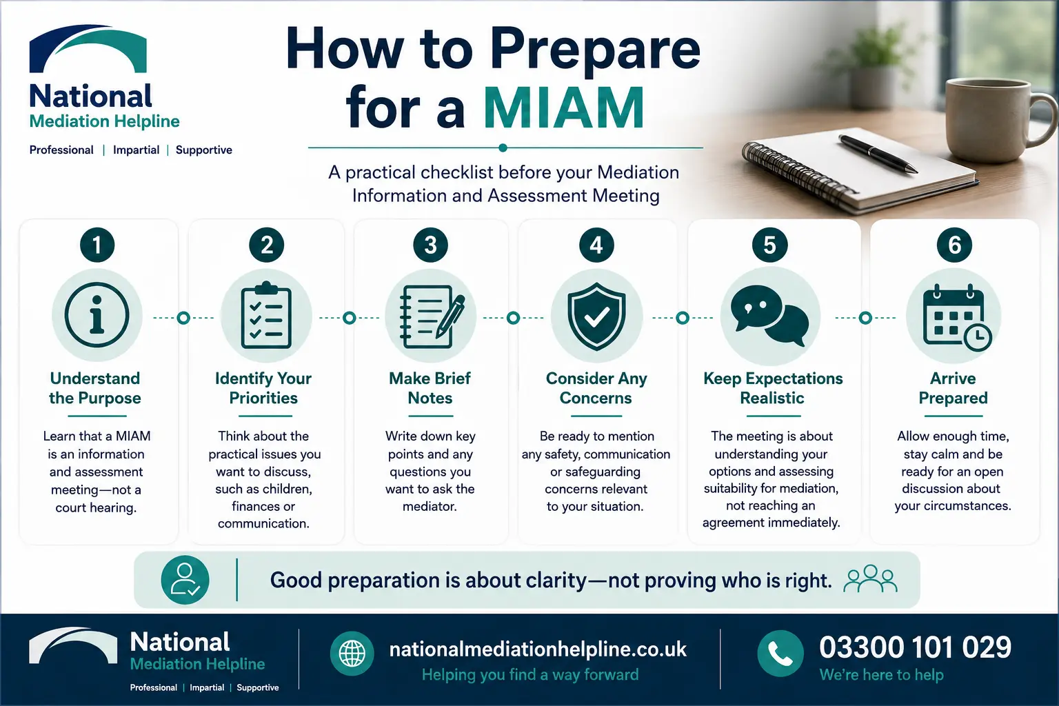 How to prepare for a miam in Bristol How to prepare for a miam infographics , explaining How to prepare for a miam in Bristol: Understand how to prepare for a miam in 6 Steps